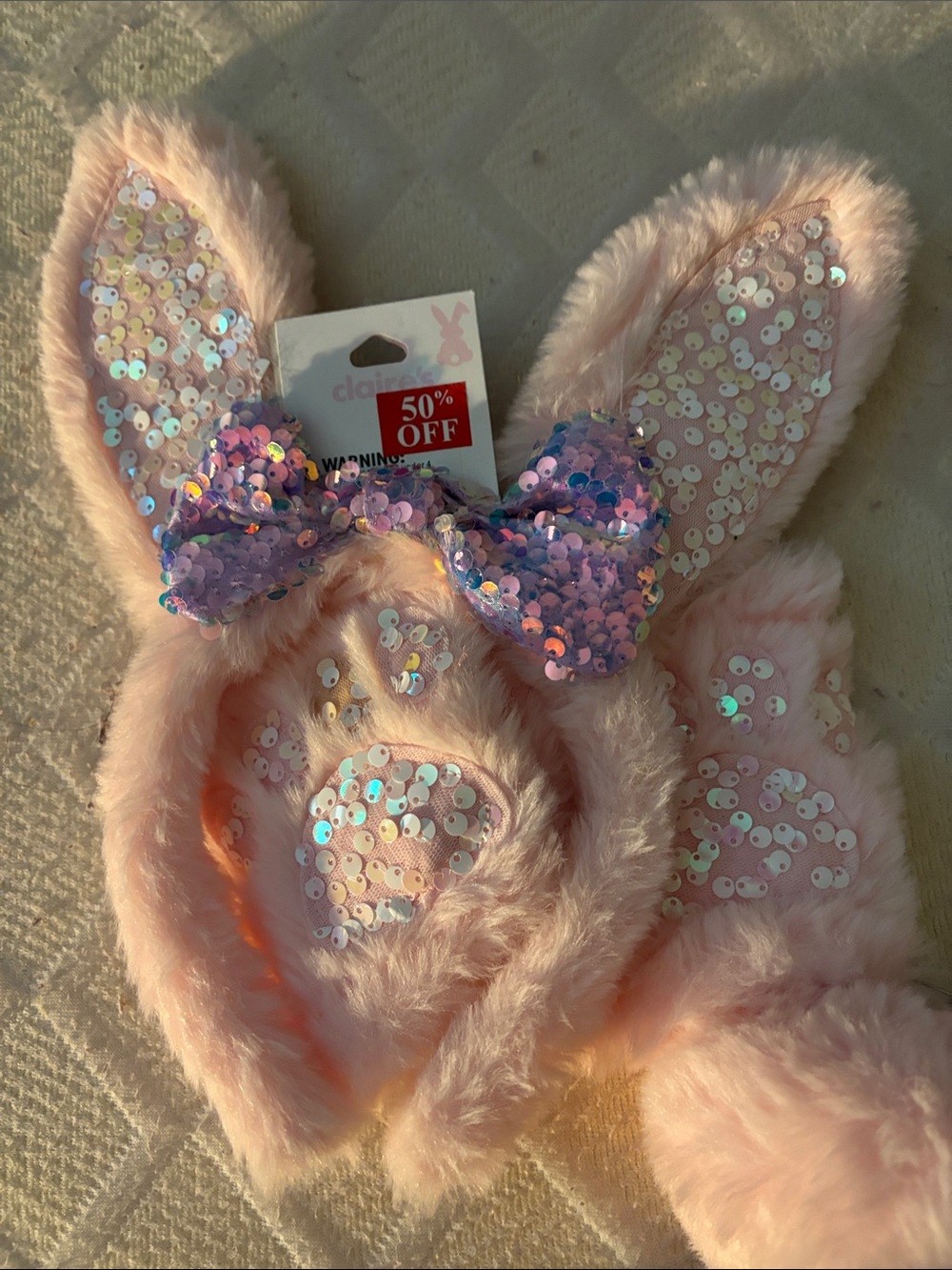 Claire's Light Pink Faux Fur Bunny Ear Headband with Iridescent Sequin Bow